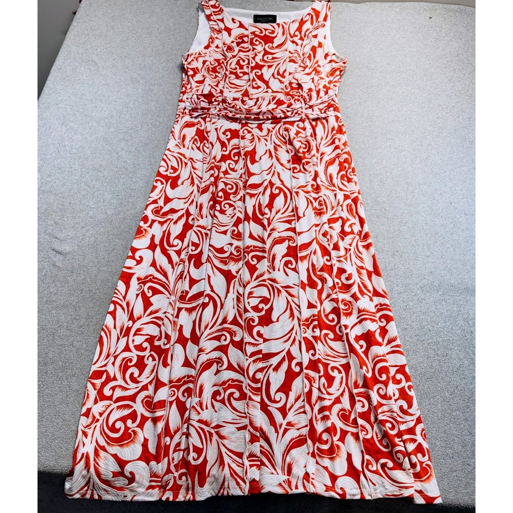 Perceptions New York Maxi Dress L Orange White Paisley Sleeveless Ruched Waist